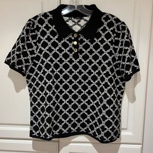 Talbots Ribbed Johnny Collar Sweater Lattice Jacquard Size Petite XL Black NWT